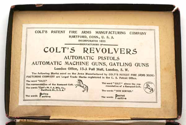 Inside box label for the Type II references Automatic Pistols, Automatic Machine Guns and Gatling Guns as well as the London Office at 15-A Pall Mall, London S.W.