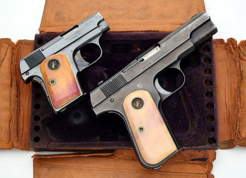 Colt 1908 Pocket Hammerless .380 ACP and 1908 Vest Pocket .25 ACP, cased with factory ivory stocks.